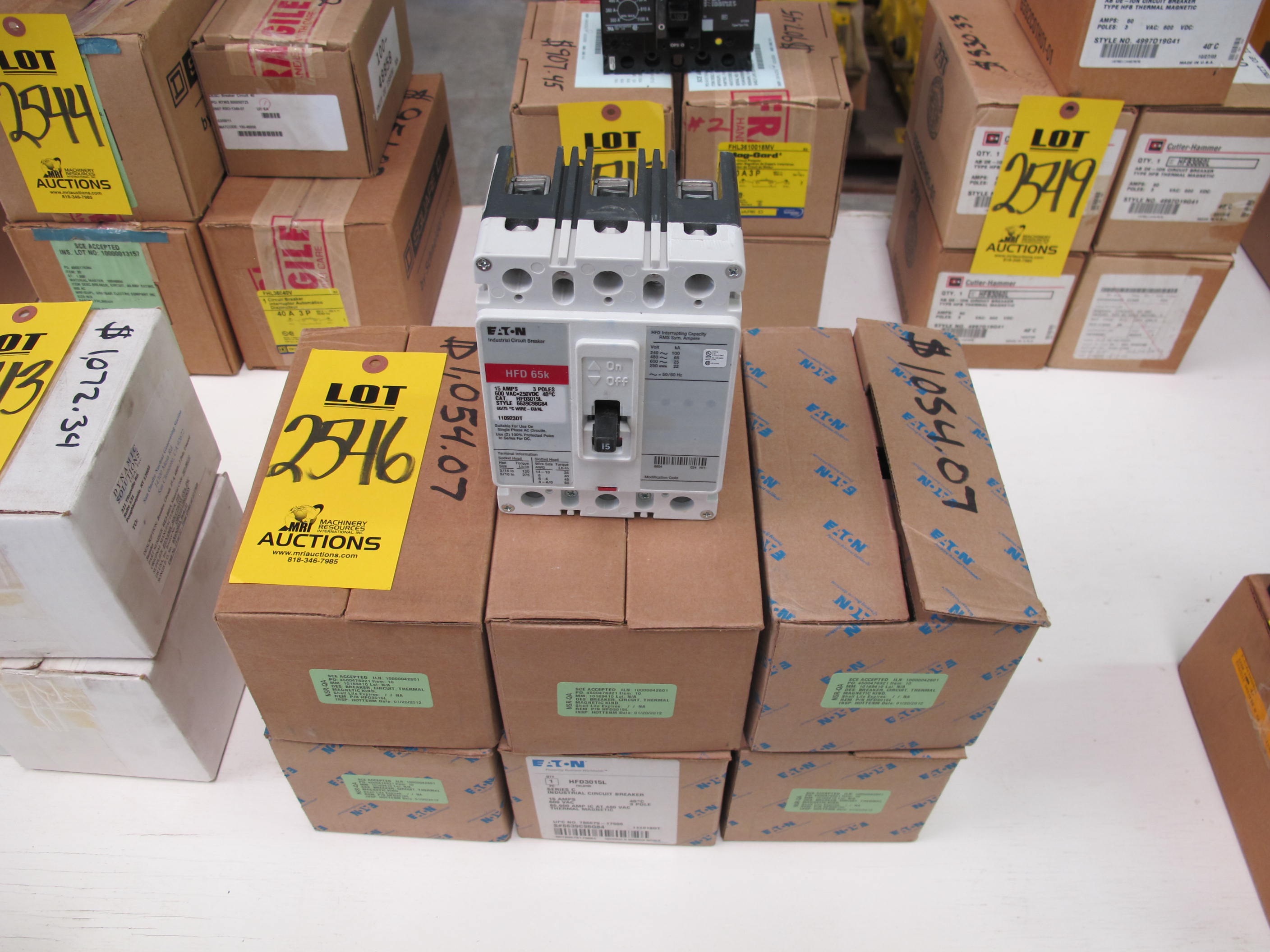 LOT (6) BREAKERS, CIRCUIT TYPE, THERMAL MAGNETIC KIND, 3 POLE, 15 AMP RATING, 600AC VOLT RATING. REQUIRES 4 EACH SCREWS PART NUMBER 4218B80G02 VENDOR IS AUTHORIZED MANUFACTURER'S REPRESENTATIVE. DOCUMENT MCCB IS DIRECTLY TRACEABLE TO MANUFACTURER. REQUIRES 4 EACH SCREWS PART NUMBER 4218B80G02, MM 10088462. REPLACES OBSOLETE MM# 10087246 PER SEE 080008 R1. PART # HFD3015L (W-44) LOADING & HANDLING FEE $5-